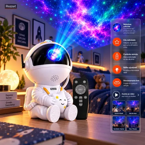 Luminária De Mesa Astronauta Abajur Quarto Projetor Galáxia Espacial Estrelas Nebulosa LED Controle Remoto Luz Noturna Teto Parede Decoração Infantil Luz Teto Rezzet